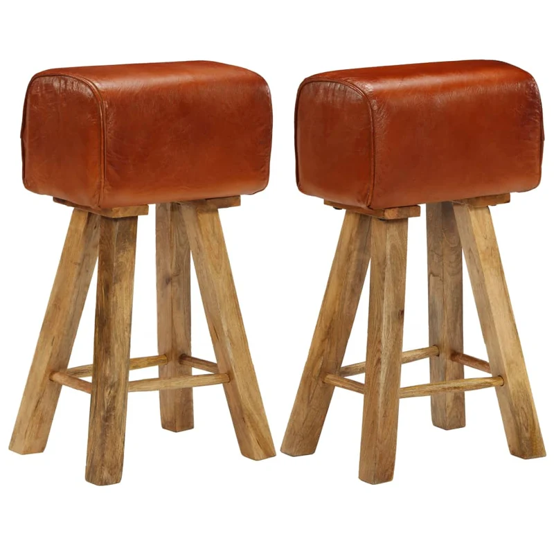 Lot de 2 Tabourets de Bar en Cuir et Bois de Manguier