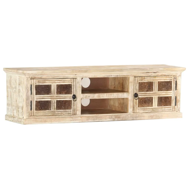 Meuble TV Industriel en Bois Massif Blanchi