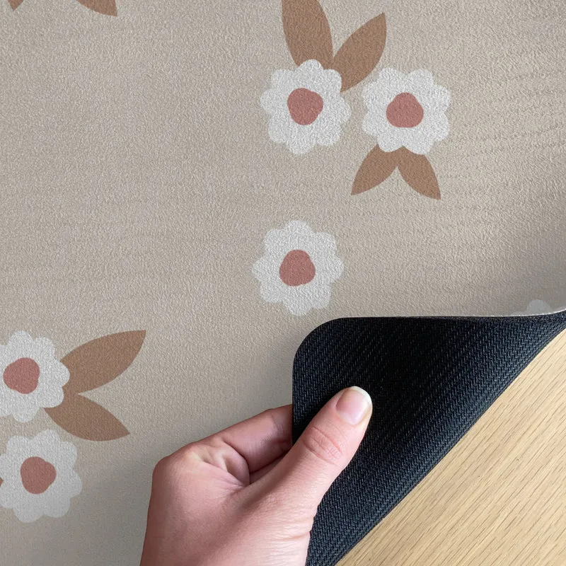 Tapis enfant beige à motifs floraux - Prénom personnalisable - Plusieurs tailles disponibles