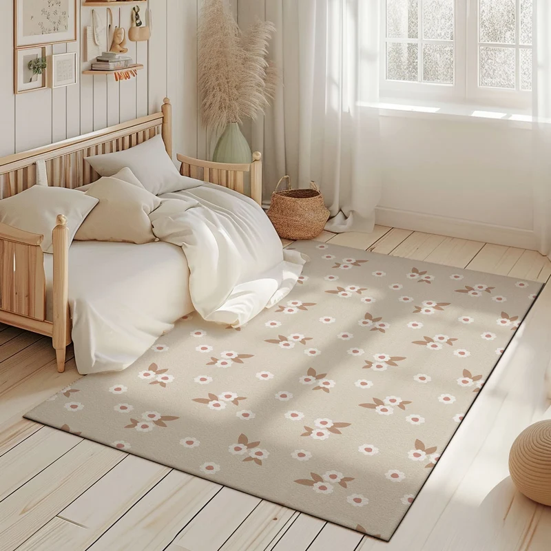 Tapis beige à motifs floraux pour chambre de fille - Plusieurs tailles disponibles