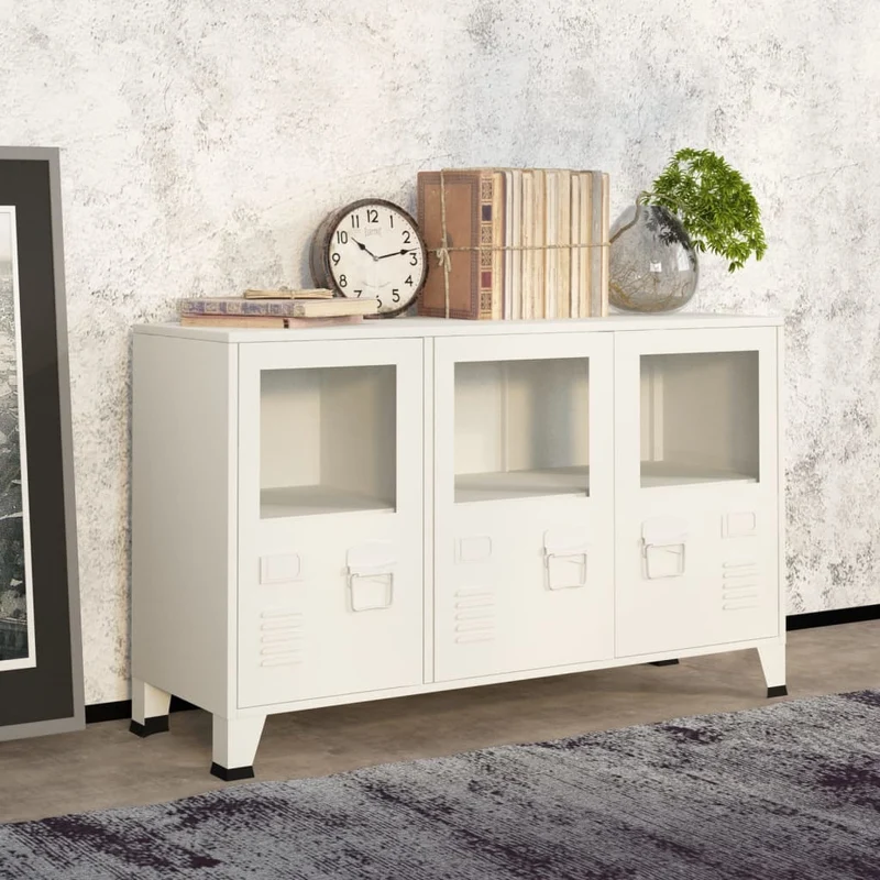 Buffet Industriel en Métal Blanc avec Portes Vitrées