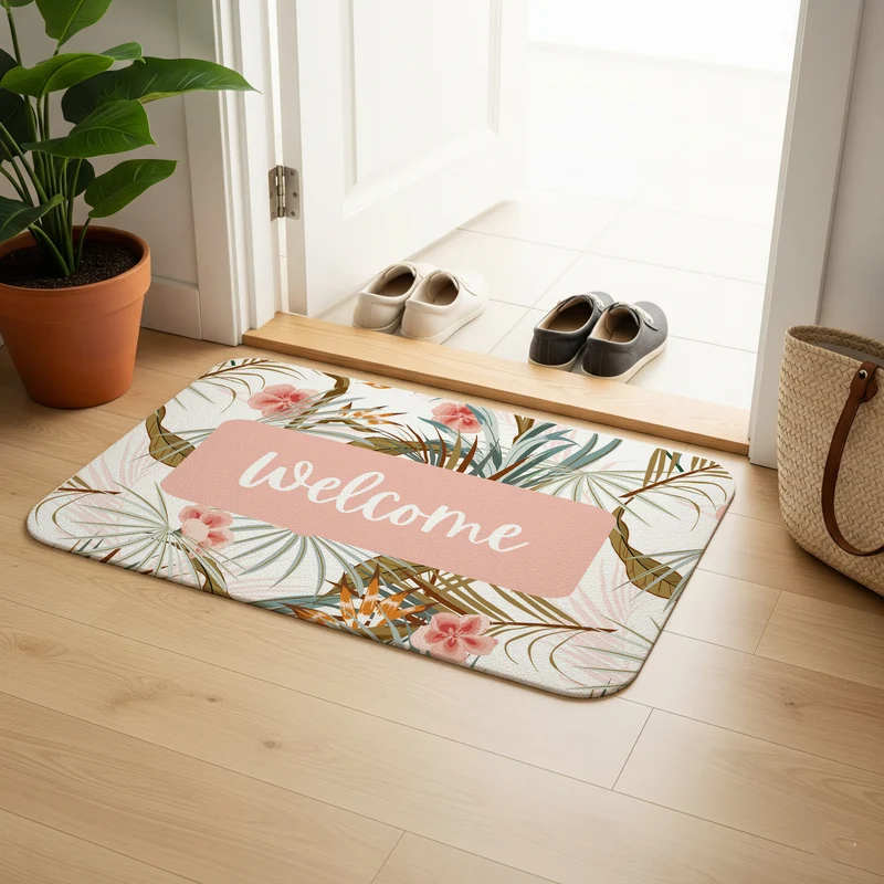 Paillasson à motif plantes tropicales - Plusieurs tailles disponibles - Texte personnalisable