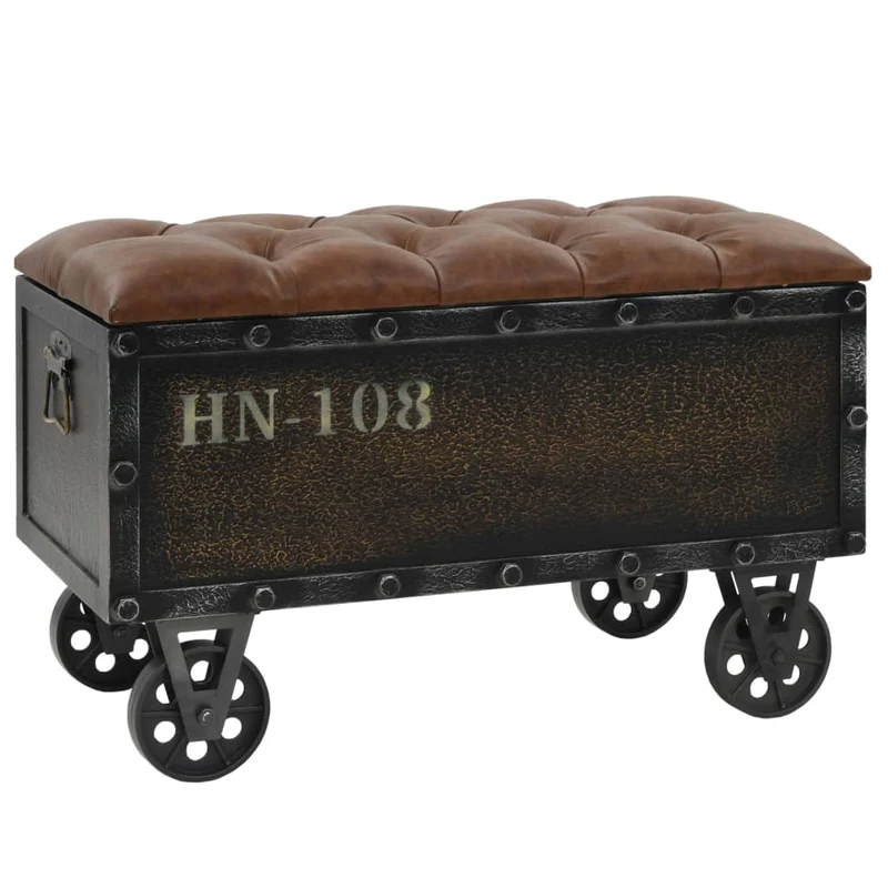 Banc Coffre Industriel en Bois Massif et Similicuir