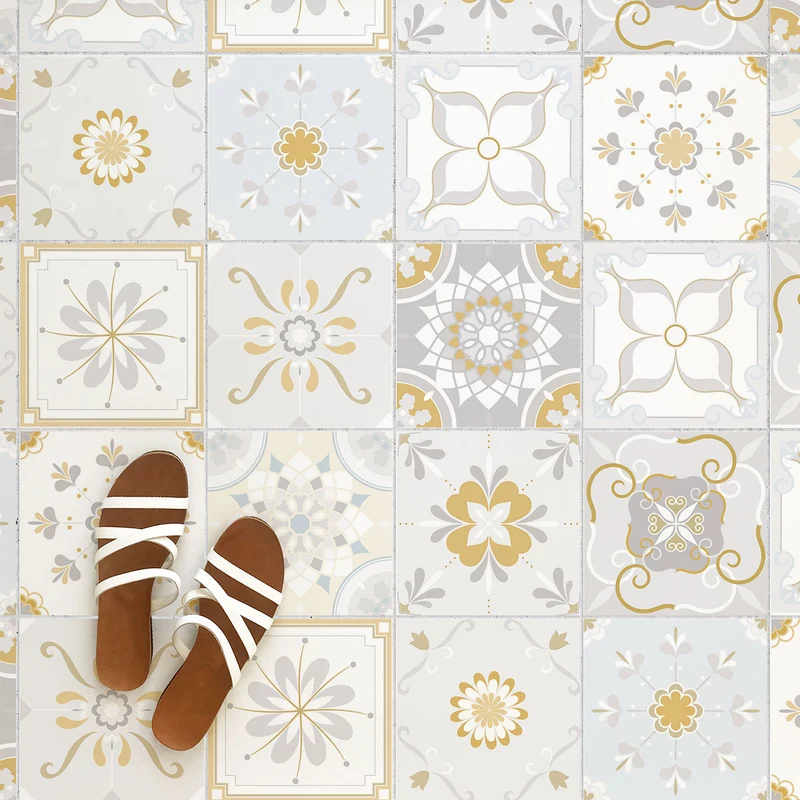 Autocollants de carrelage de sol vintage moutarde et carreaux gris - plusieurs tailles disponibles