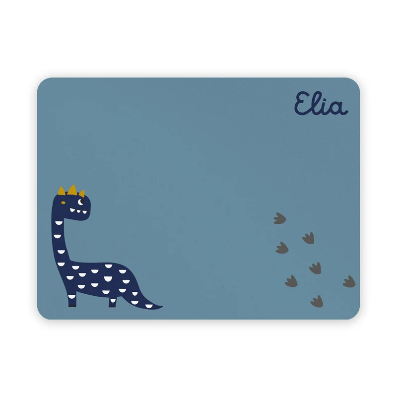 Set de Table Enfant Dinosaures Bleu et Moutarde - Prénom Personnalisable