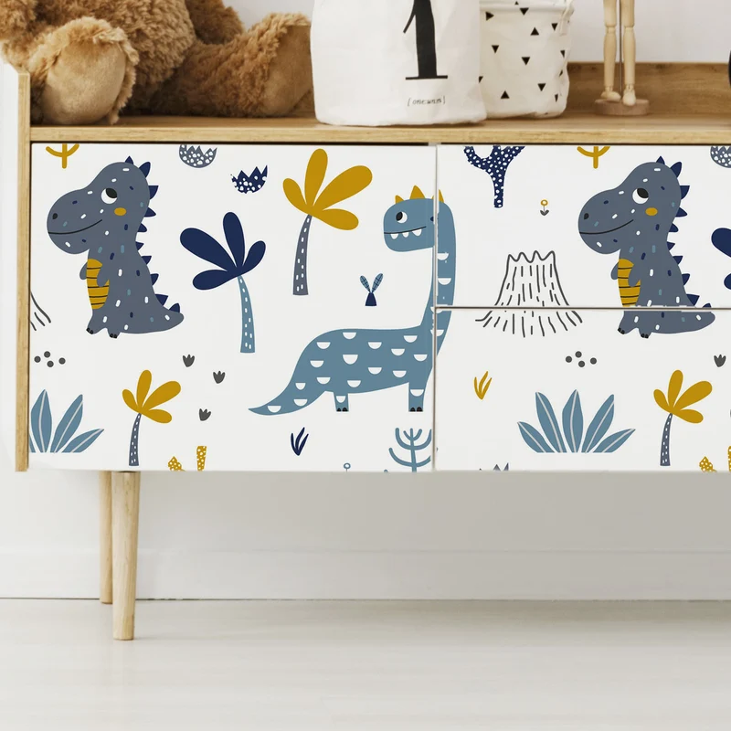 Papier peint adhésif vinyle dinosaures bleu et moutarde 50x300 cm-Decochic