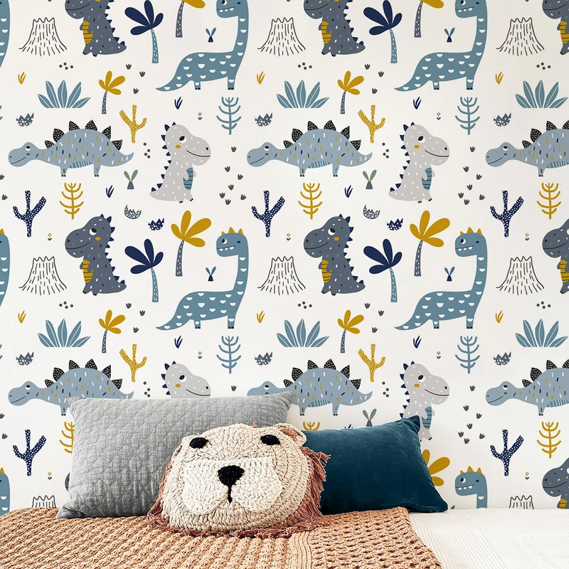 Papier peint adhésif vinyle dinosaures bleu et moutarde 50x300 cm-Decochic