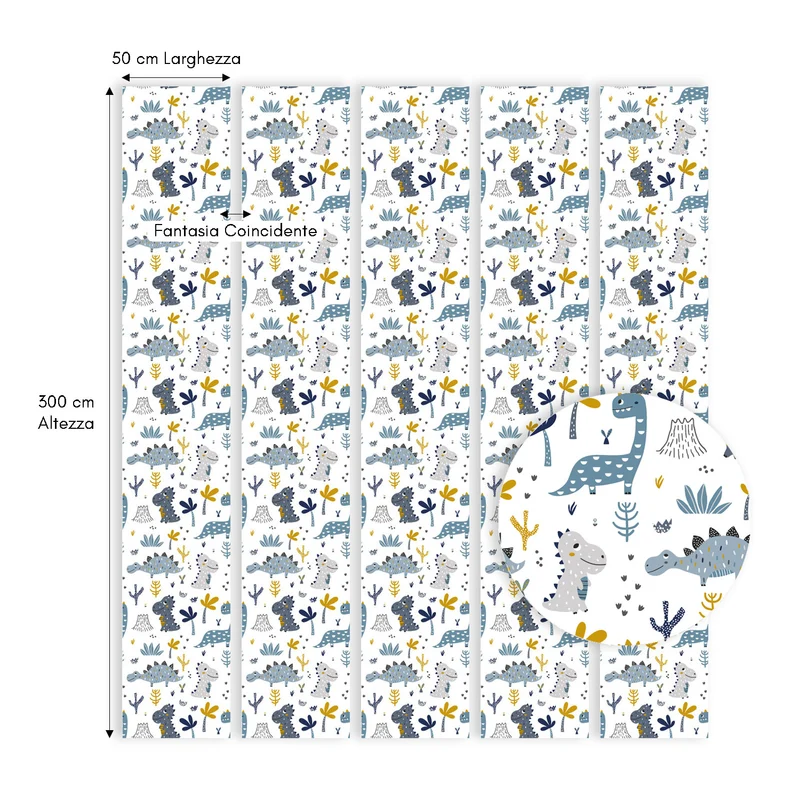 Papier peint adhésif vinyle dinosaures bleu et moutarde 50x300 cm-Decochic