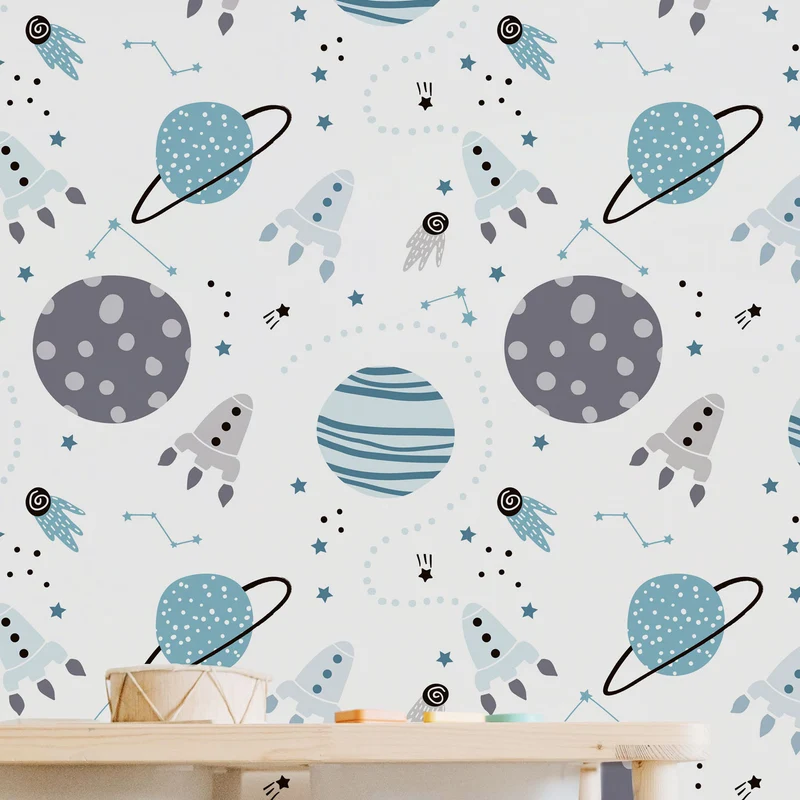 Papier peint adhésif vinyle espace bleu et gris 50x300 cm-Decochic