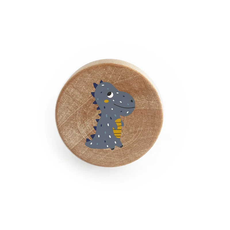 Bouton en bois avec motif dinosaure bleu et moutarde en relief - Plus de modèles disponibles