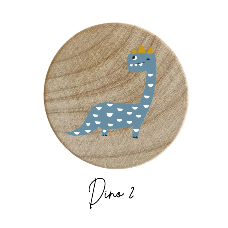 Bouton en bois avec motif dinosaure bleu et moutarde en relief - Plus de modèles disponibles