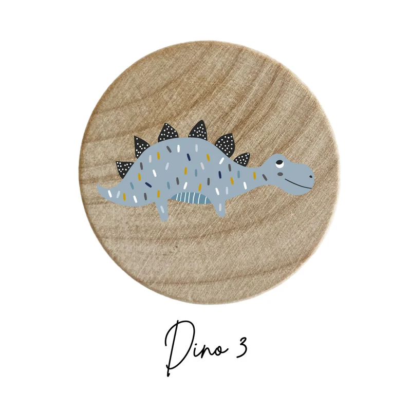 Bouton en bois avec motif dinosaure bleu et moutarde en relief - Plus de modèles disponibles