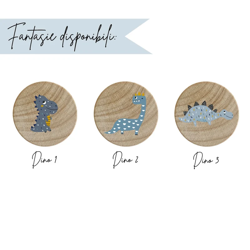 Bouton en bois avec motif dinosaure bleu et moutarde en relief - Plus de modèles disponibles