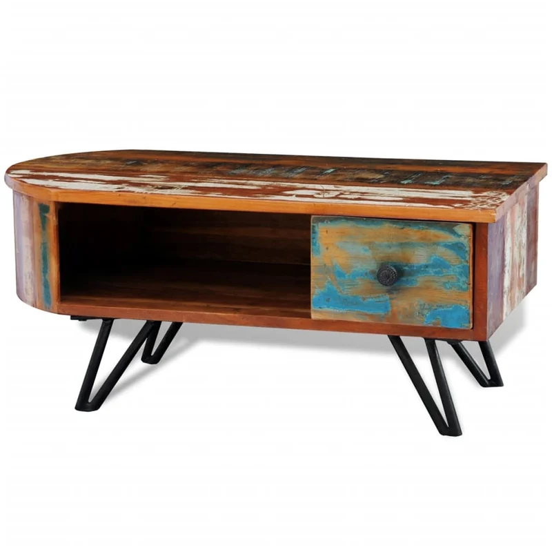 Table Basse Ovale en Bois et Métal Recyclé