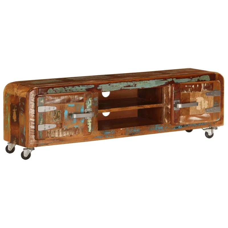 Meuble TV Authentique en Bois Massif et Roulettes