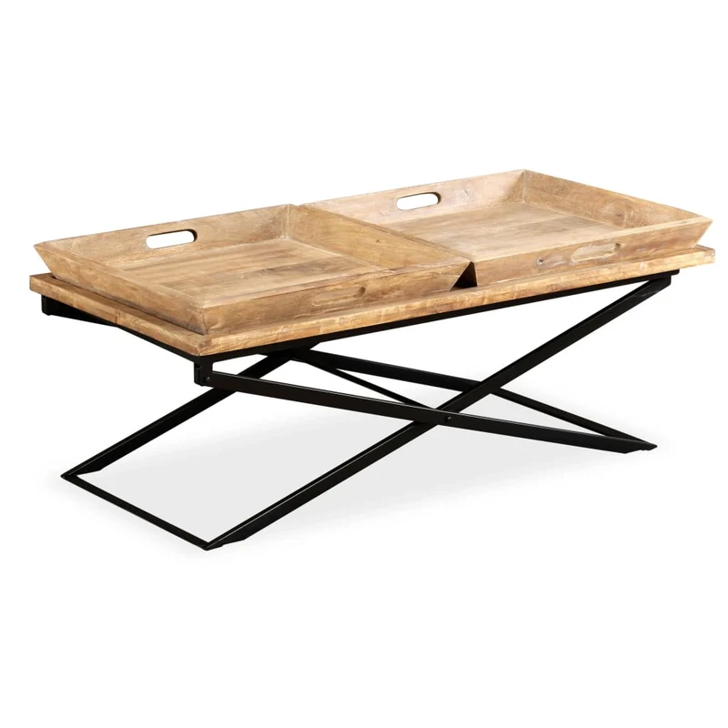 Table Basse en Acier et Bois de Manguier Massif