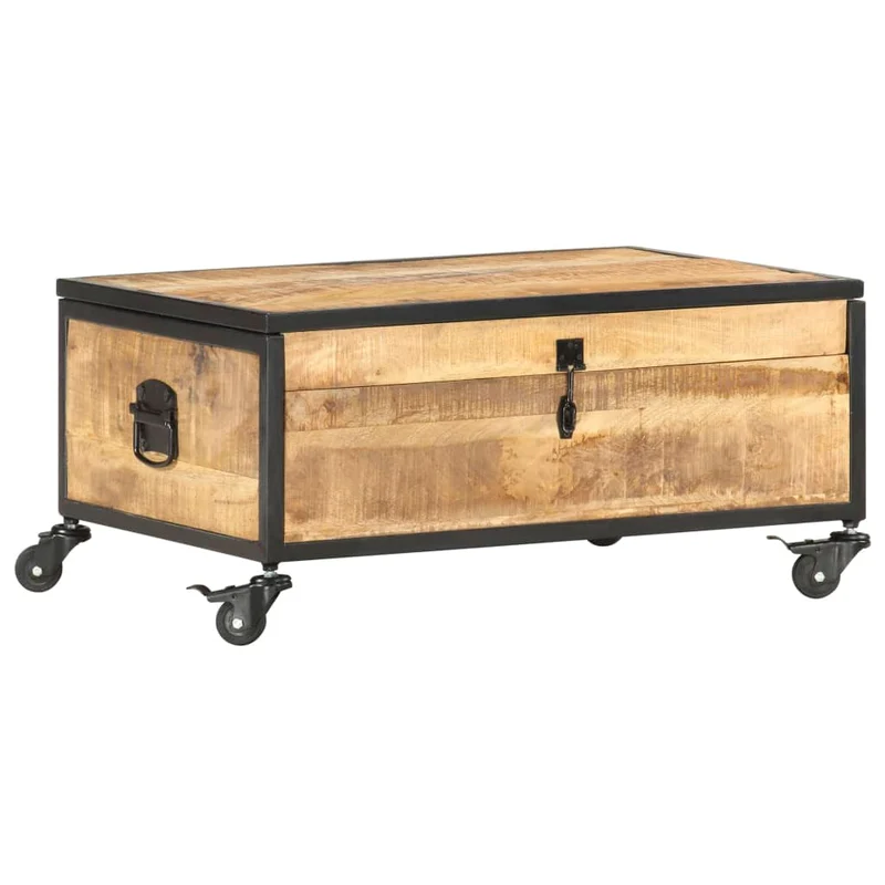 Table Basse Industrielle en Bois de Manguier sur Roulettes