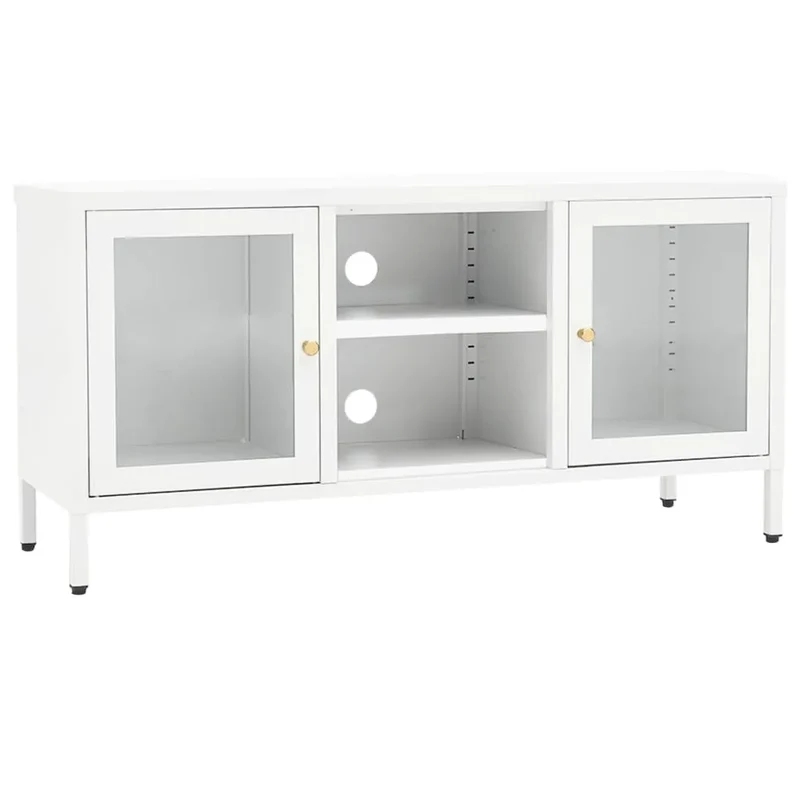 Meuble TV en Verre Trempé et Acier Blanc