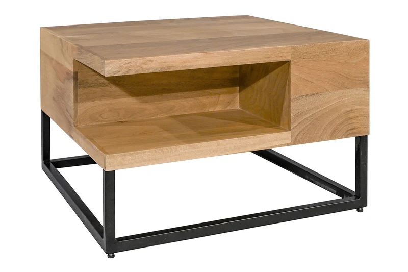 Table basse massive GIANT 60cm en manguier naturel finition crème métal étagère noire