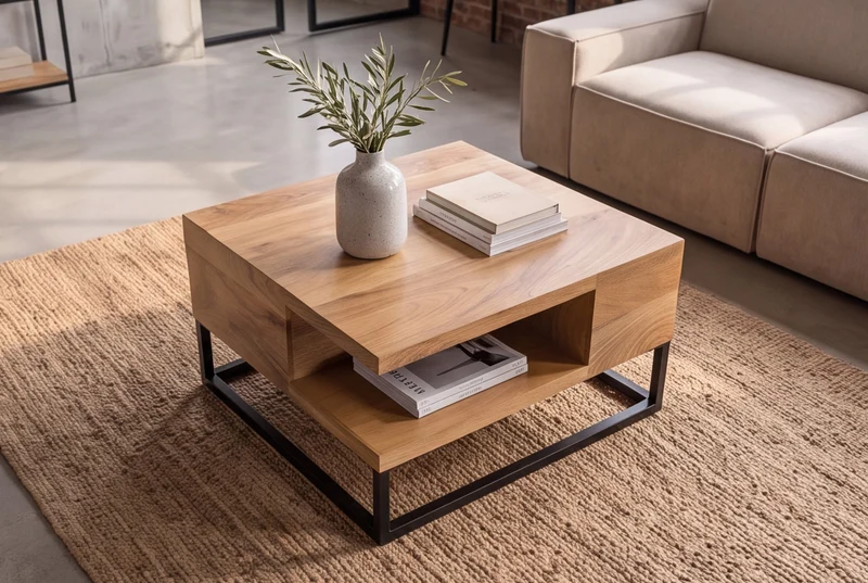 Table basse massive GIANT 60cm en manguier naturel finition crème métal étagère noire
