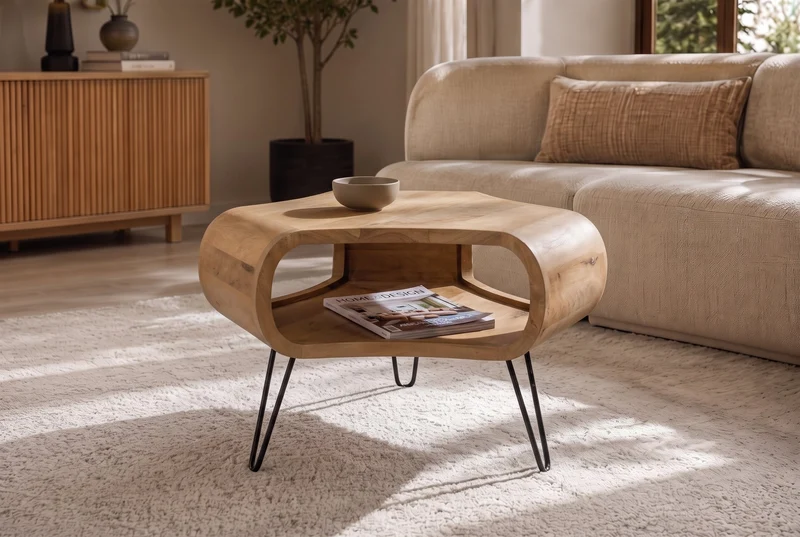 Table basse ORGANIC LIVING 70cm en bois de manguier finition crème naturelle avec pieds en épingle à cheveux