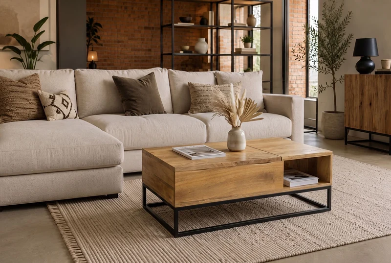 Table basse réglable en hauteur MAKASSAR FUNCTION 110cm en bois de manguier massif finition crème naturelle