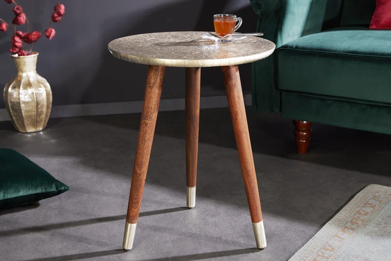Table d’appoint design ALCAZAR 50cm métal argenté antique bois de manguier fait main ronde