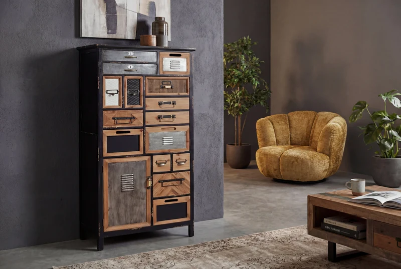 Meuble à tiroirs industriel SECRETS 150cm marron noir métal bois de pin vintage