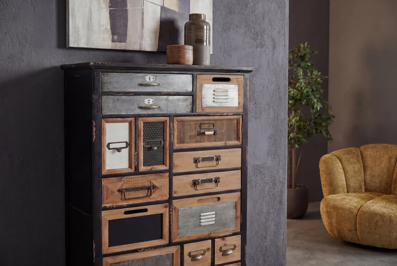 Meuble à tiroirs industriel SECRETS 150cm marron noir métal bois de pin vintage