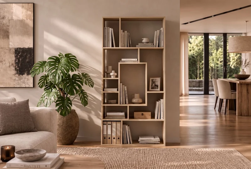 Bibliothèque massive CUBUS 180cm en manguier naturel finition crème onze compartiments
