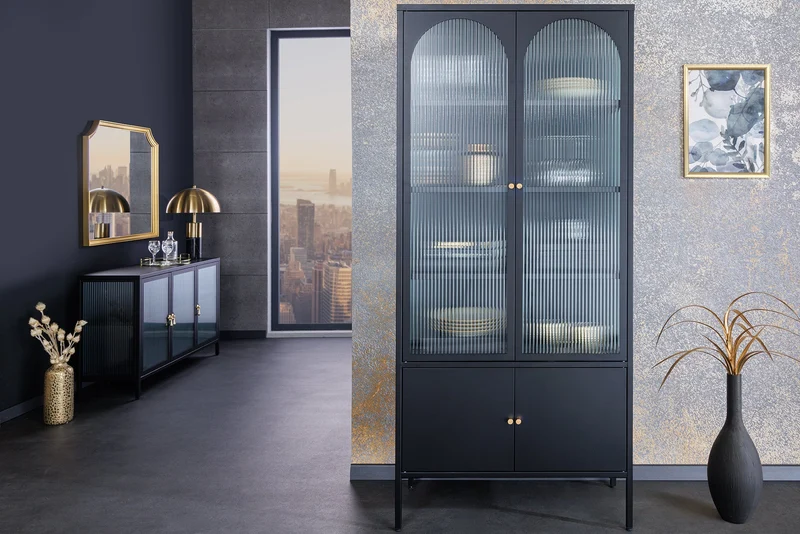 Vitrine moderne PARIS 180cm meuble haut en verre nervuré noir doré