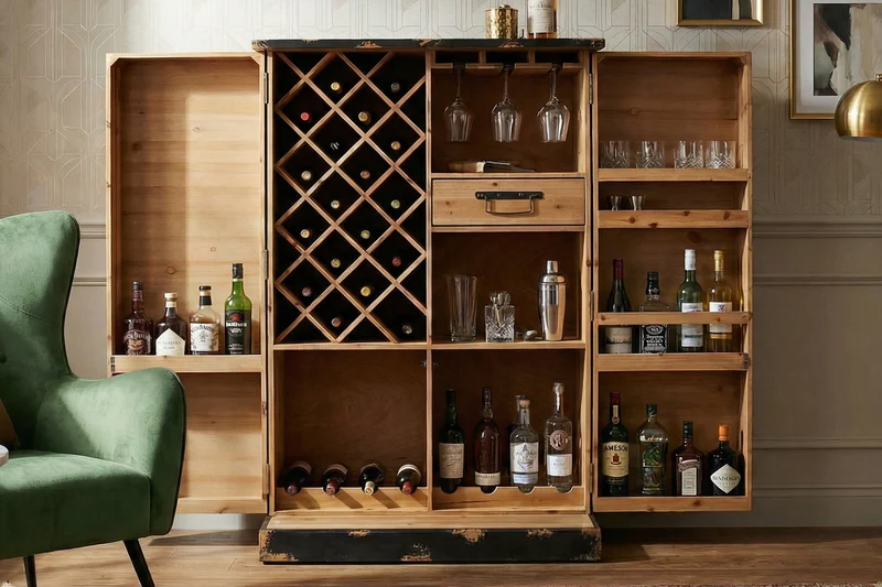 Meuble bar design BODEGA 120cm en bois de pin naturel avec façade 3D et étagère à bouteilles
