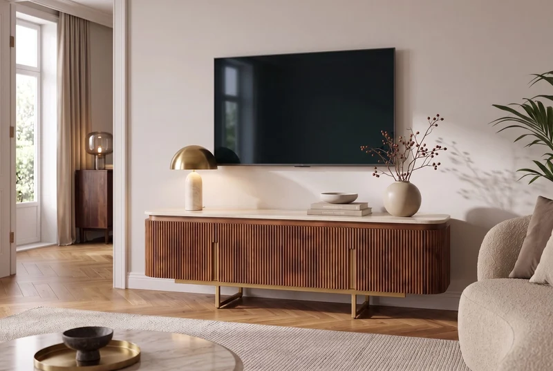 Meuble TV design GATSBY 160cm en bois de manguier marron doré avec structure en métal travertin