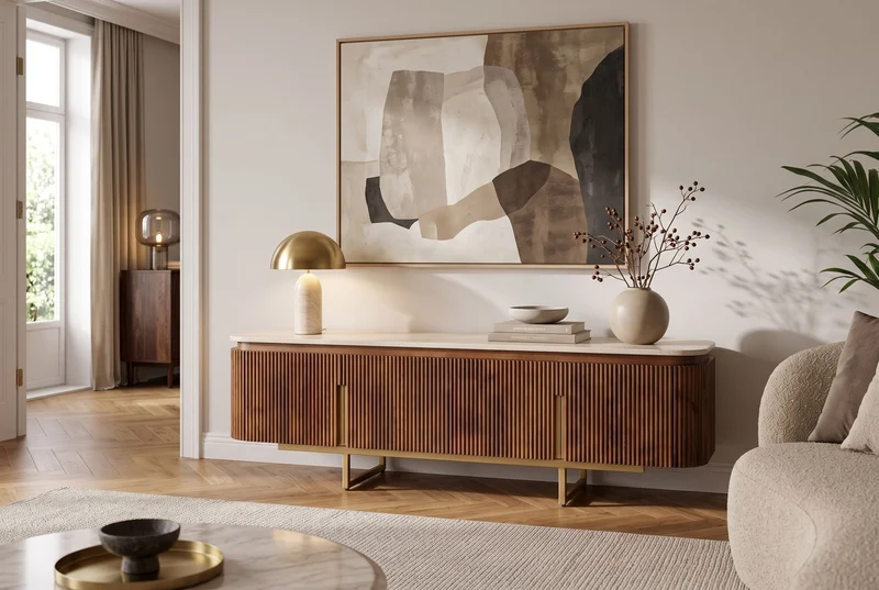 Meuble TV design GATSBY 160cm en bois de manguier marron doré avec structure en métal travertin