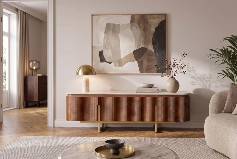 Meuble TV design GATSBY 160cm en bois de manguier marron doré avec structure en métal travertin