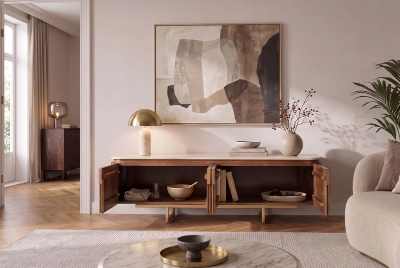 Meuble TV design GATSBY 160cm en bois de manguier marron doré avec structure en métal travertin
