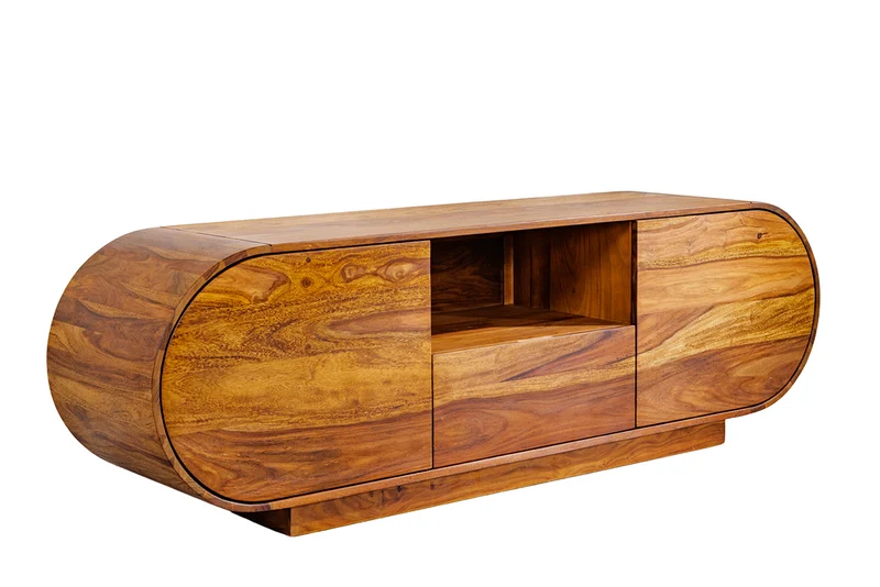 Meuble TV massif ORGANIKO 160cm bois de sheesham marron finition pierre meuble bas ovale