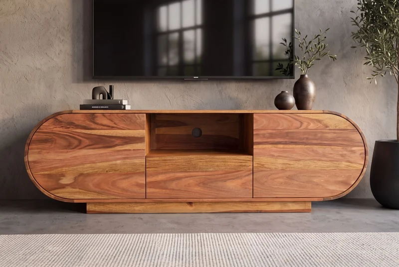 Meuble TV massif ORGANIKO 160cm bois de sheesham marron finition pierre meuble bas ovale