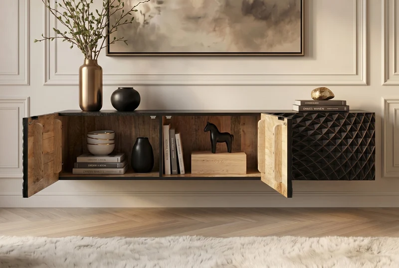 Meuble TV suspendu ILLUSION 160cm en bois de manguier massif noir avec sculptures 3D dorées
