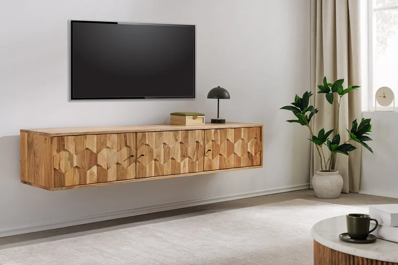 TV-Board suspendu MYSTIC LIVING 160cm acacia naturel surface 3D bois massif