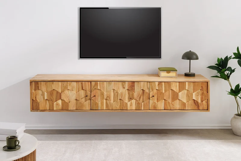 TV-Board suspendu MYSTIC LIVING 160cm acacia naturel surface 3D bois massif