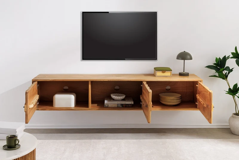 TV-Board suspendu MYSTIC LIVING 160cm acacia naturel surface 3D bois massif