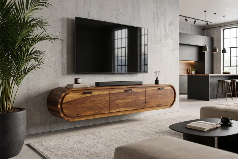 TV-Board ORGANIC 160cm suspendu marron finition pierre Sheesham massif avec tiroirs