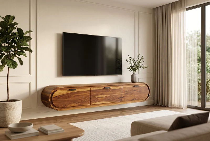 TV-Board ORGANIC 160cm suspendu marron finition pierre Sheesham massif avec tiroirs