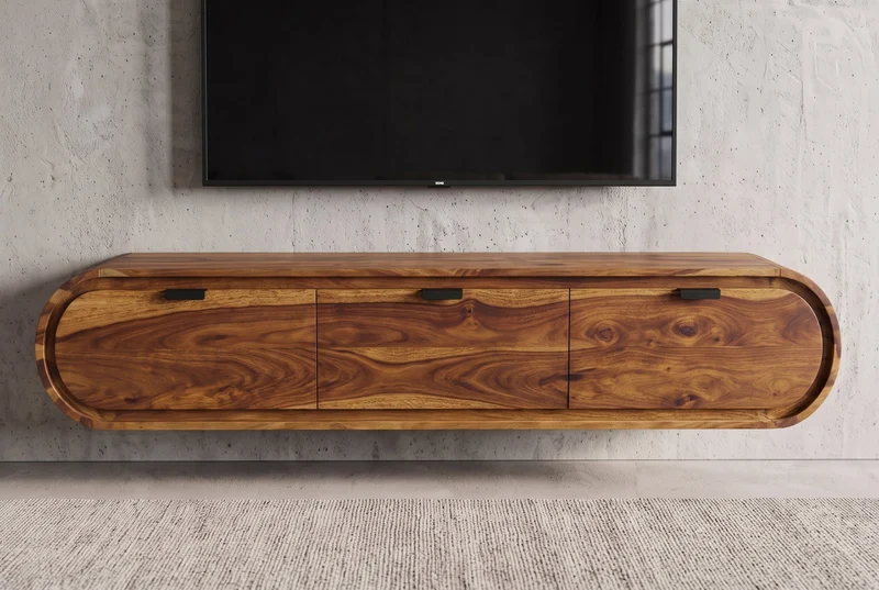TV-Board ORGANIC 160cm suspendu marron finition pierre Sheesham massif avec tiroirs