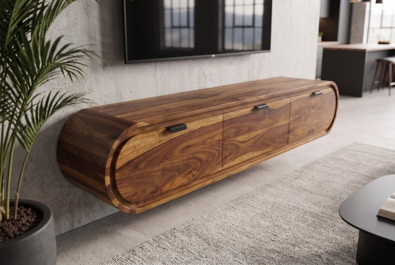 TV-Board ORGANIC 160cm suspendu marron finition pierre Sheesham massif avec tiroirs