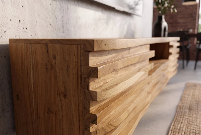 Meuble TV suspendu RELIEF 200 cm en bois d’acacia massif naturel avec une façade élaborée
