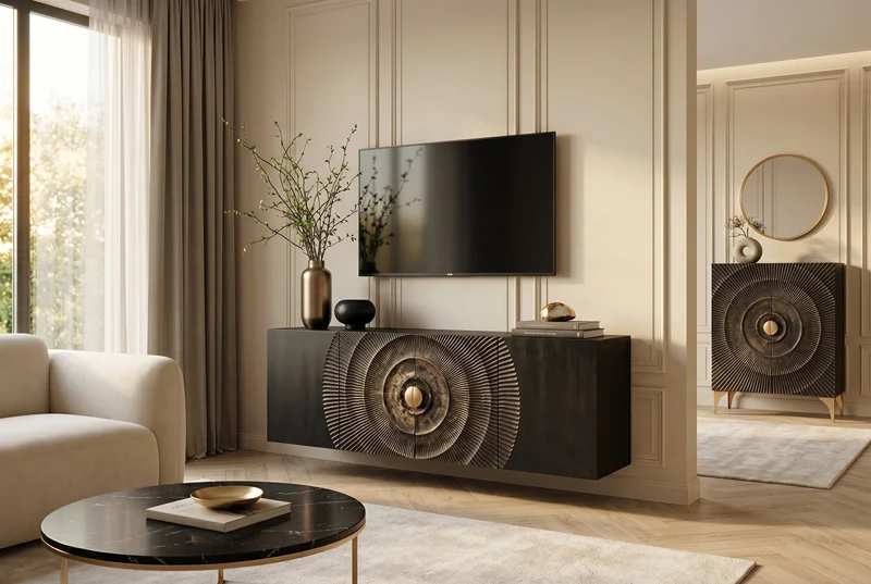 Buffet suspendu GOLDEN SUNSET 180cm noir avec sculptures 3D or bois de manguier massif fait main