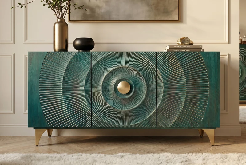 Buffet artisanal GOLDEN SUNSET 140cm turquoise avec sculptures 3D pieds métal bois de manguier doré