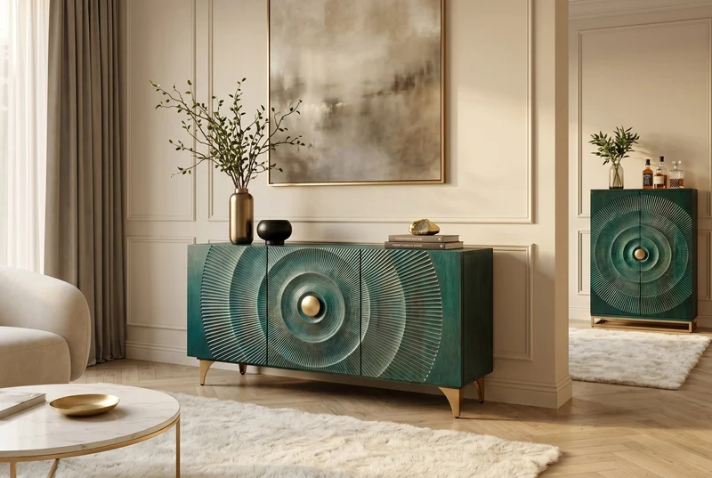 Buffet artisanal GOLDEN SUNSET 140cm turquoise avec sculptures 3D pieds métal bois de manguier doré
